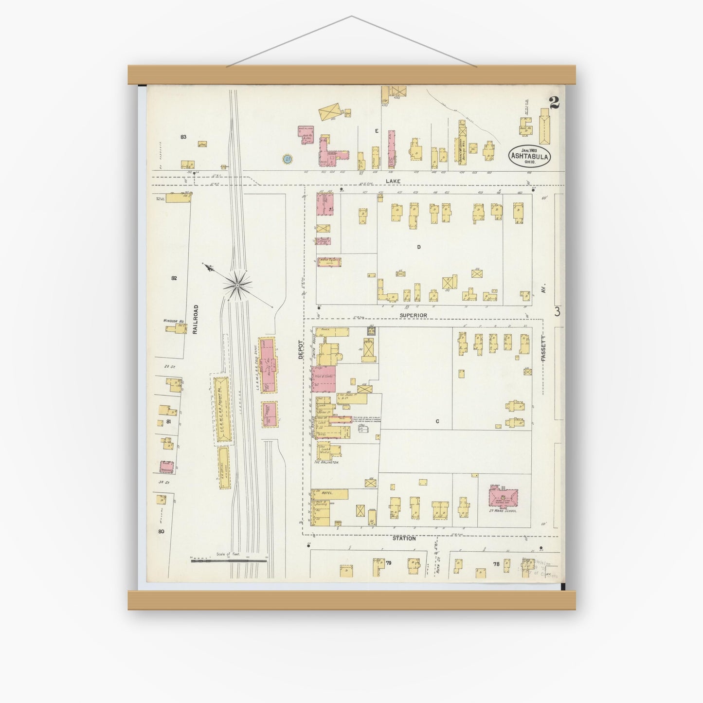 Old map wall art mockup — magnetic wood frame on white wall — Sanborn Fire Insurance Map from Ashtabula, Ashtabula County, Ohio (1903), Sheet #0002