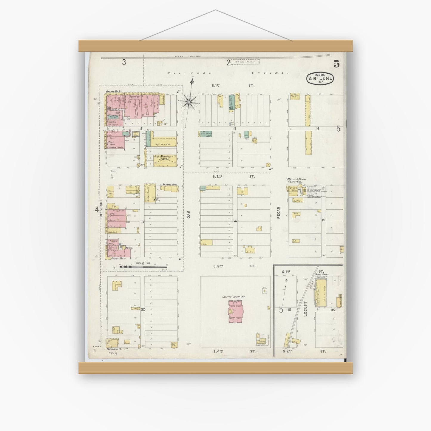 Old map wall art mockup — magnetic wood frame on white wall — Sanborn Fire Insurance Map from Abilene, Taylor County, Texas (1896), Sheet #0005