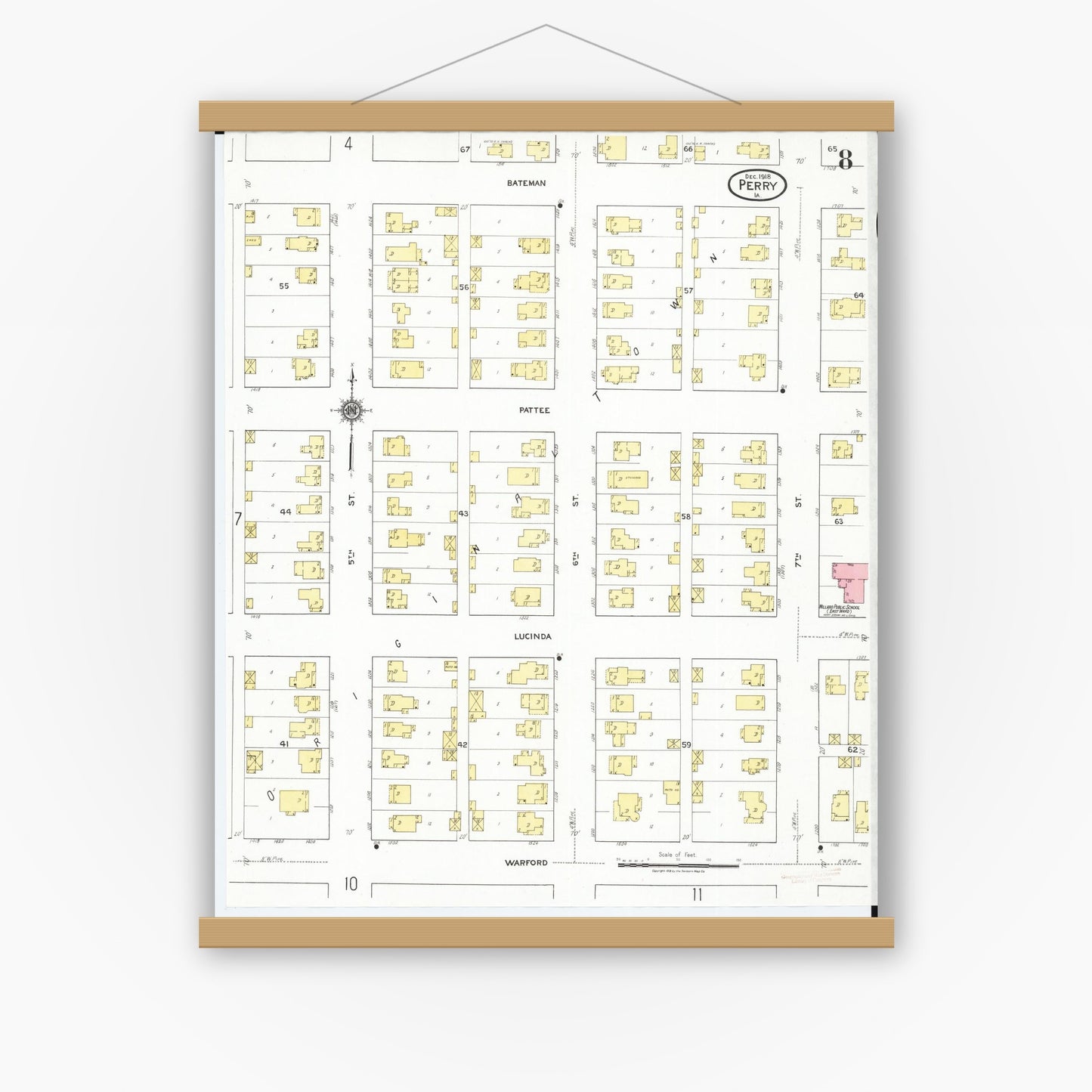Old map wall art mockup — magnetic wood frame on white wall — Sanborn Fire Insurance Map from Perry, Dallas County, Iowa (1918), Sheet #0008