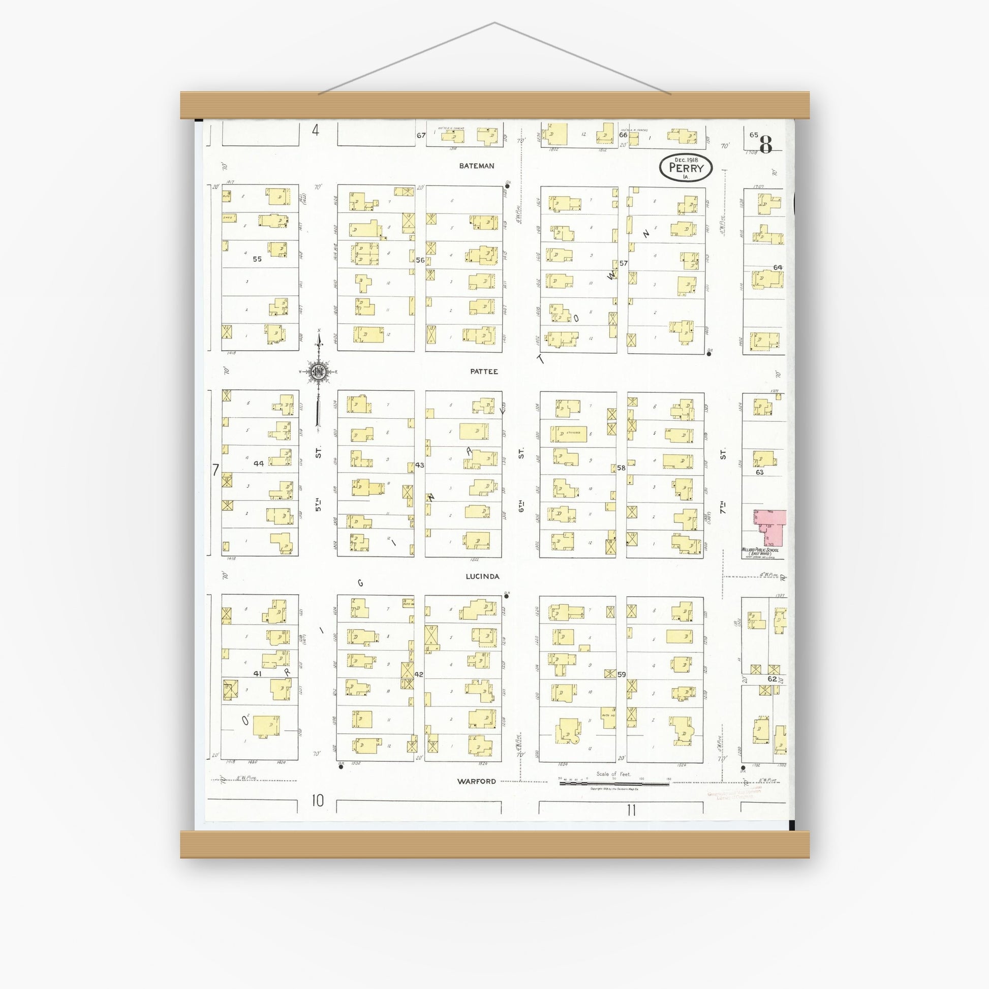 Old map wall art mockup — magnetic wood frame on white wall — Sanborn Fire Insurance Map from Perry, Dallas County, Iowa (1918), Sheet #0008