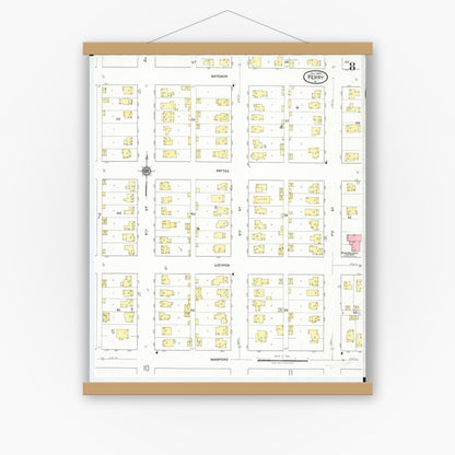 Old map wall art mockup — magnetic wood frame on white wall — Sanborn Fire Insurance Map from Perry, Dallas County, Iowa (1918), Sheet #0008