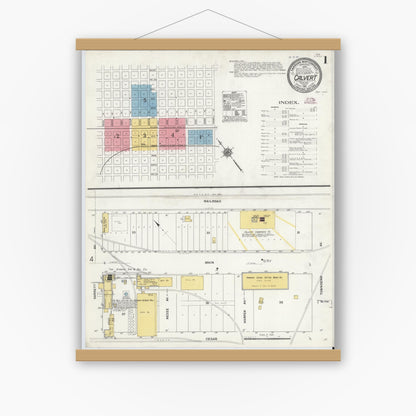 Old map wall art mockup — magnetic wood frame on white wall — Sanborn Fire Insurance Map from Calvert, Robertson County, Texas (1911), Sheet #0001