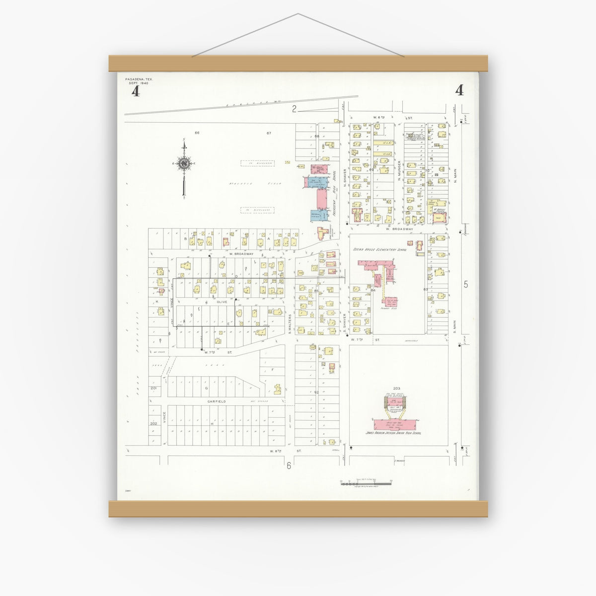 Old map wall art mockup — magnetic wood frame on white wall — Sanborn Fire Insurance Map from Pasadena, Harris County, Texas (1940), Sheet #0004