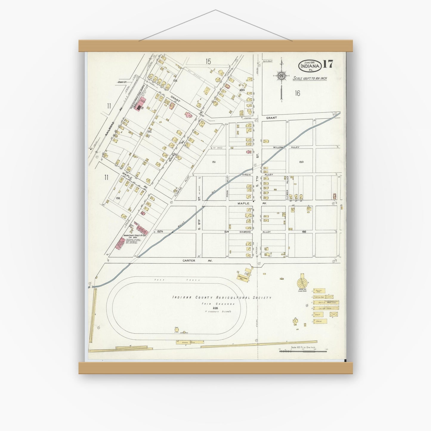 Old map wall art mockup — magnetic wood frame on white wall — Sanborn Fire Insurance Map from Indiana, Indiana County, Pennsylvania (1916), Sheet #0017