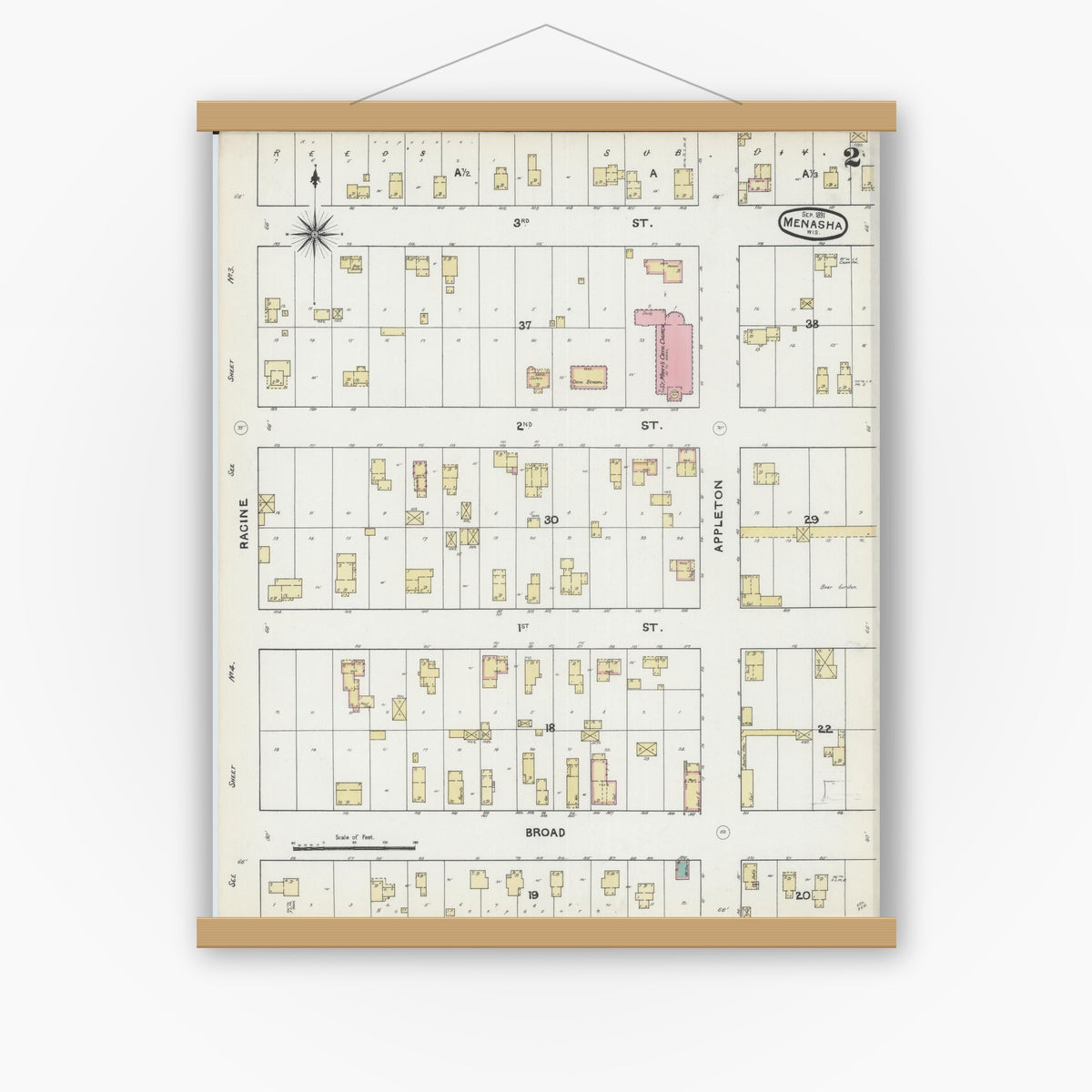 Old map wall art mockup — magnetic wood frame on white wall — Sanborn Fire Insurance Map from Menasha, Winnebago County, Wisconsin (1891), Sheet #0002