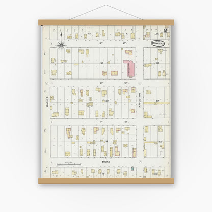 Old map wall art mockup — magnetic wood frame on white wall — Sanborn Fire Insurance Map from Menasha, Winnebago County, Wisconsin (1891), Sheet #0002