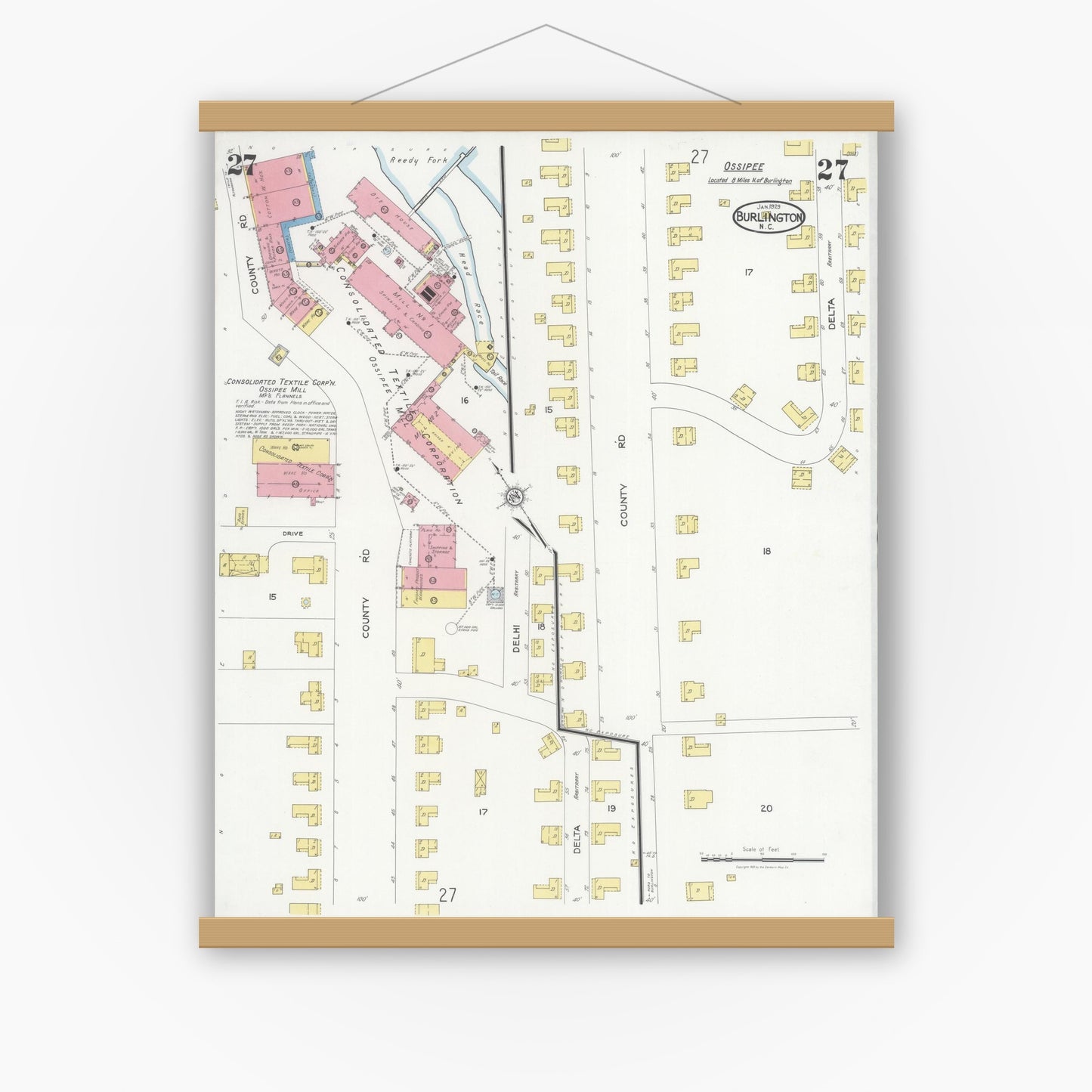 Old map wall art mockup — magnetic wood frame on white wall — Sanborn Fire Insurance Map from Burlington, Alamance County, North Carolina (1929), Sheet #0027