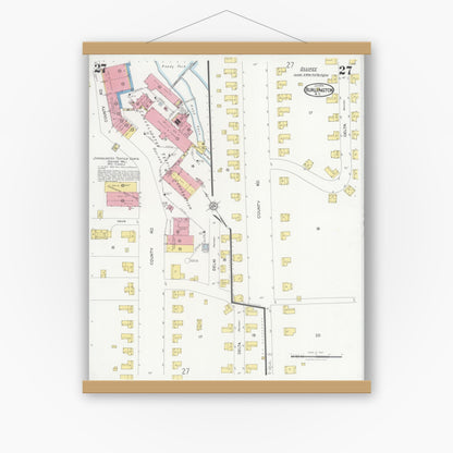 Old map wall art mockup — magnetic wood frame on white wall — Sanborn Fire Insurance Map from Burlington, Alamance County, North Carolina (1929), Sheet #0027