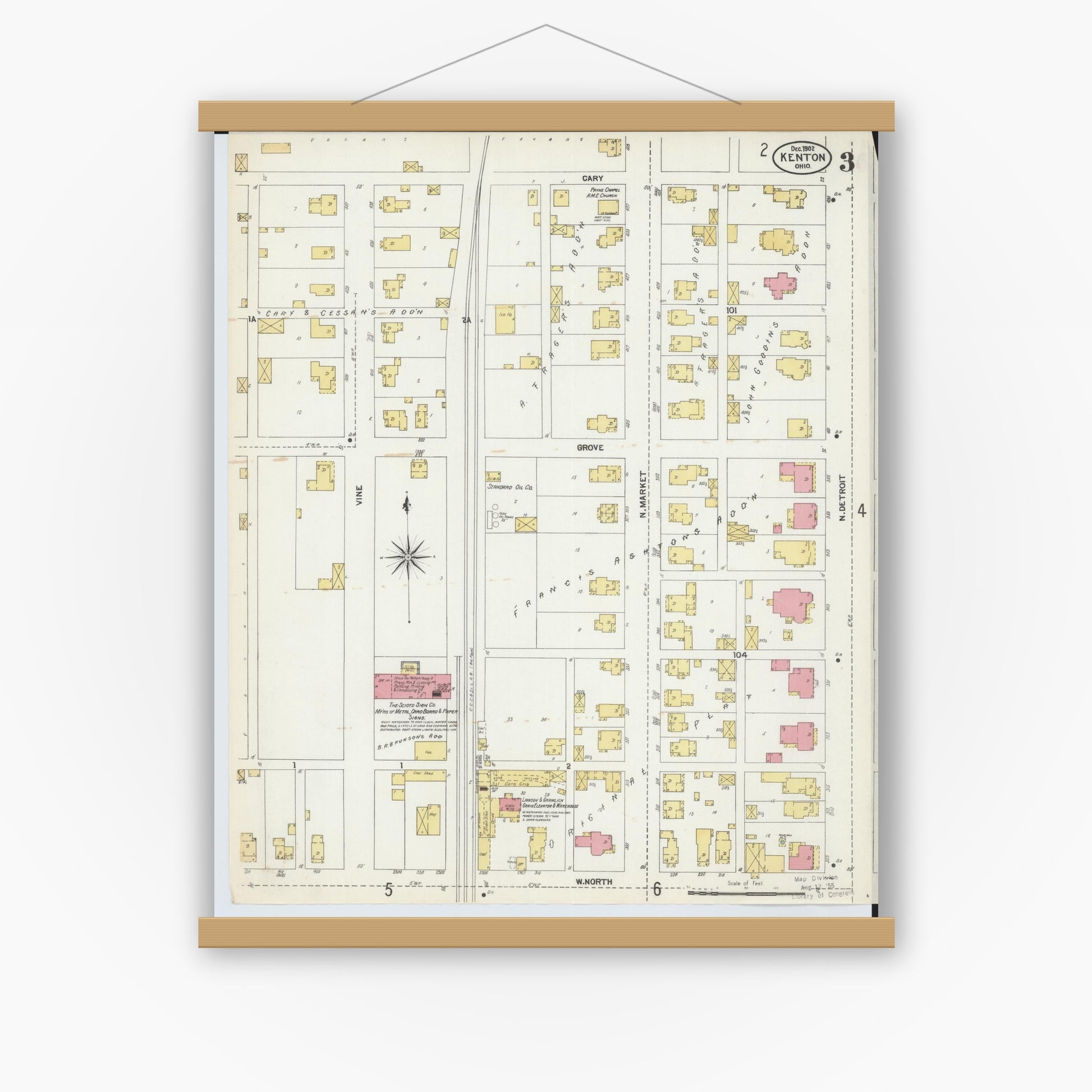Old map wall art mockup — magnetic wood frame on white wall — Sanborn Fire Insurance Map from Kenton, Hardin County, Ohio (1902), Sheet #0003