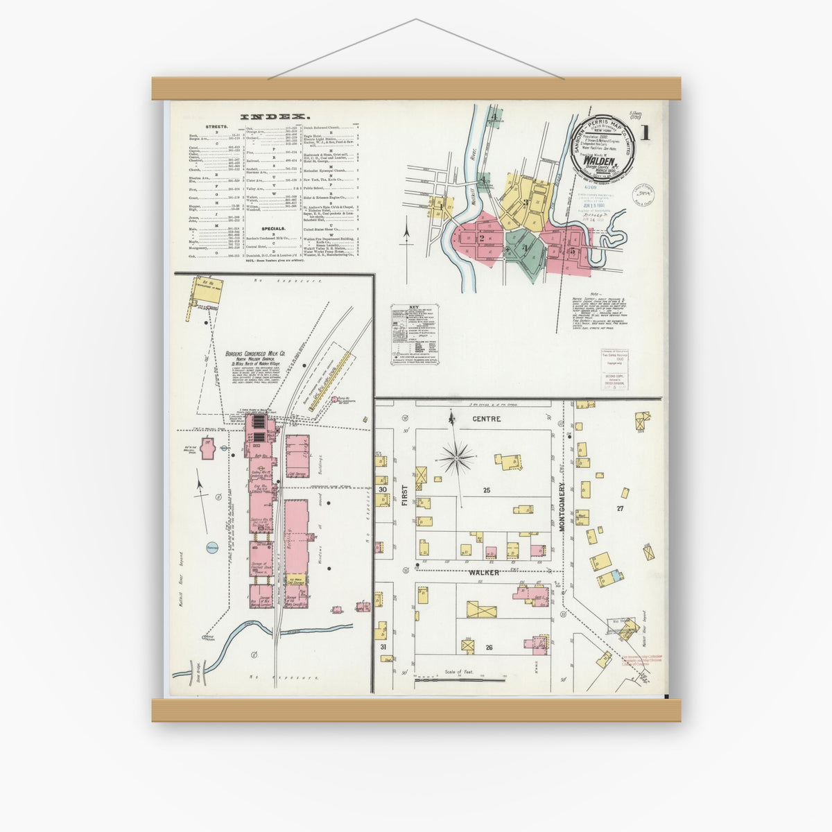 Old map wall art mockup — magnetic wood frame on white wall — Sanborn Fire Insurance Map from Walden, Orange County, New York (1900), Sheet #0001
