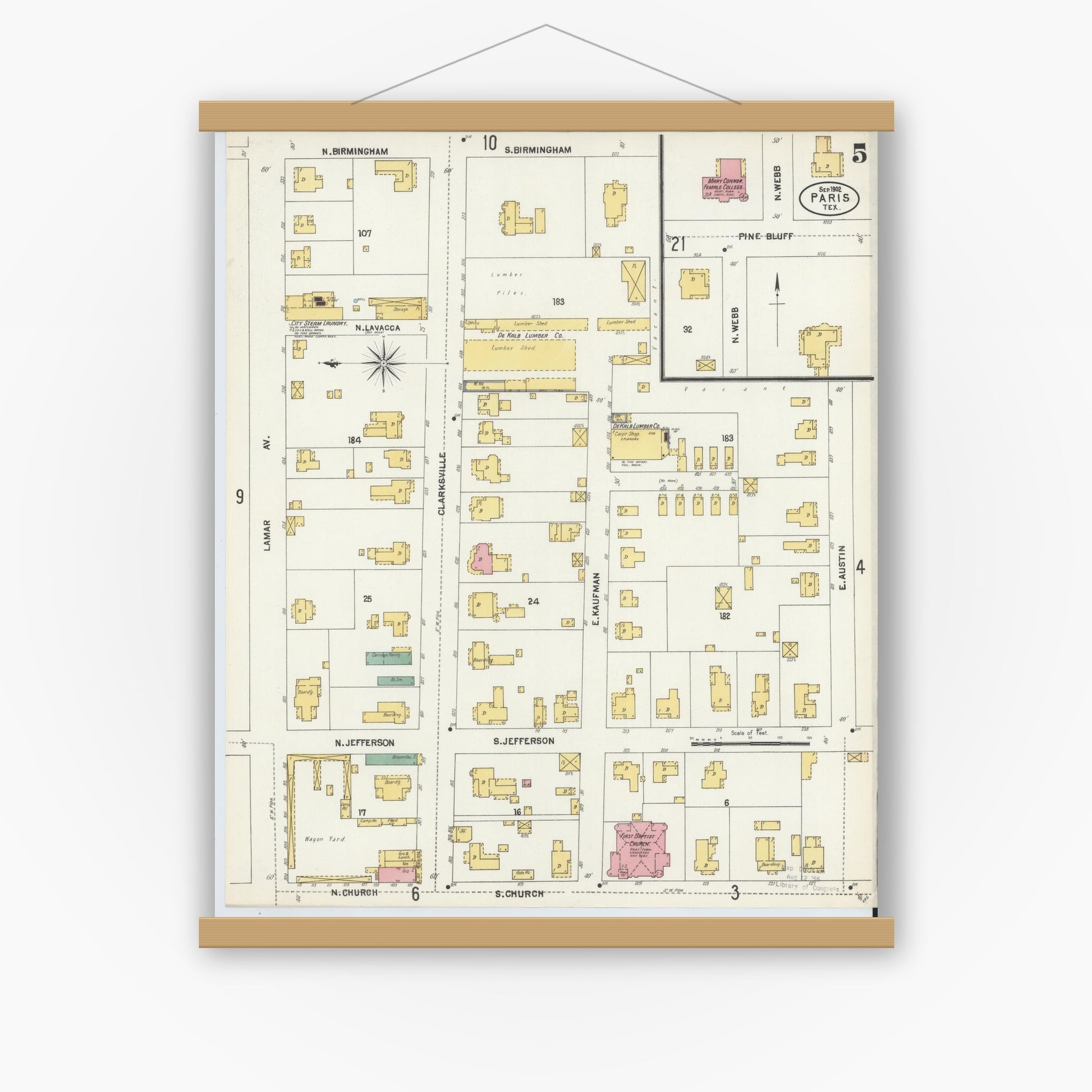 Old map wall art mockup — magnetic wood frame on white wall — Sanborn Fire Insurance Map from Paris, Lamar County, Texas (1902), Sheet #0005