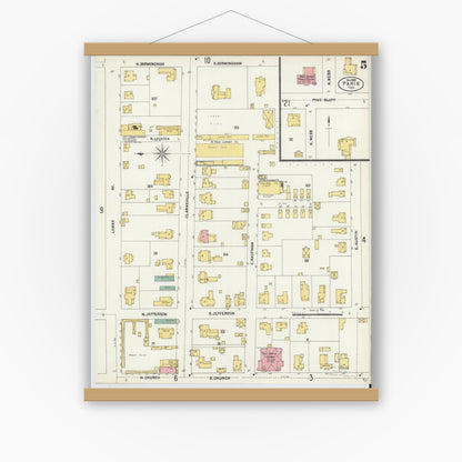 Old map wall art mockup — magnetic wood frame on white wall — Sanborn Fire Insurance Map from Paris, Lamar County, Texas (1902), Sheet #0005