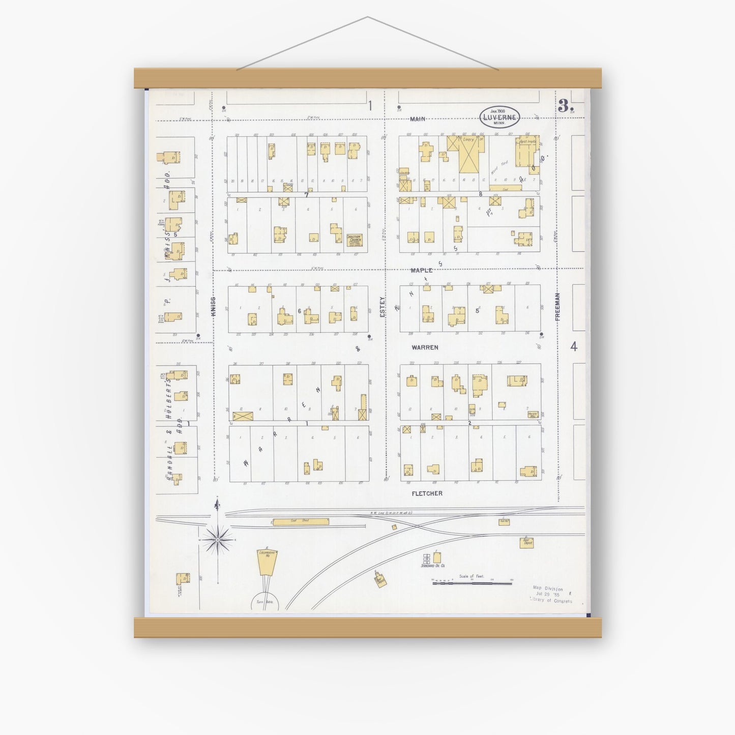 Old map wall art mockup — magnetic wood frame on white wall — Sanborn Fire Insurance Map from Luverne, Rock County, Minnesota (1900), Sheet #0003