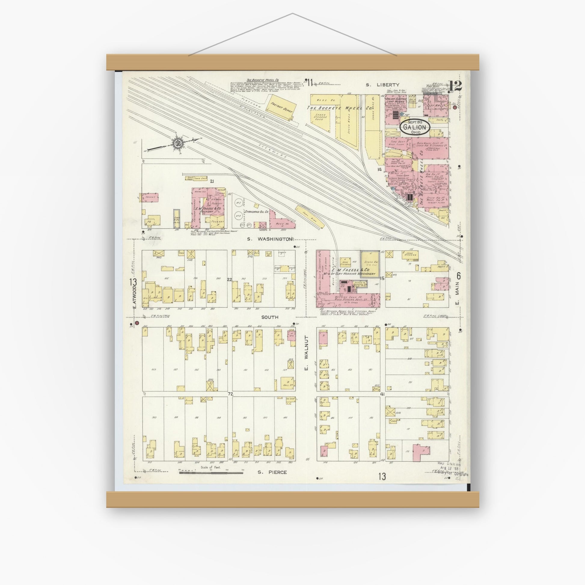 Old map wall art mockup — magnetic wood frame on white wall — Sanborn Fire Insurance Map from Galion, Crawford County, Ohio (1913), Sheet #0012