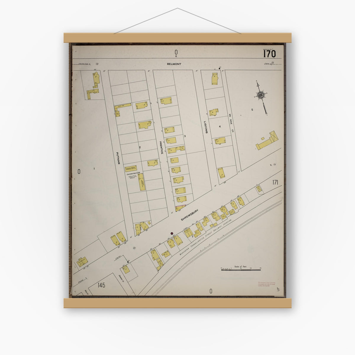 Old map wall art mockup — magnetic wood frame on white wall — Sanborn Fire Insurance Map from Worcester, Worcester County, Massachusetts (1910), Sheet #0170