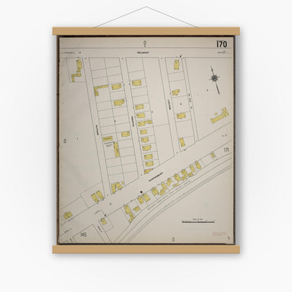 Old map wall art mockup — magnetic wood frame on white wall — Sanborn Fire Insurance Map from Worcester, Worcester County, Massachusetts (1910), Sheet #0170