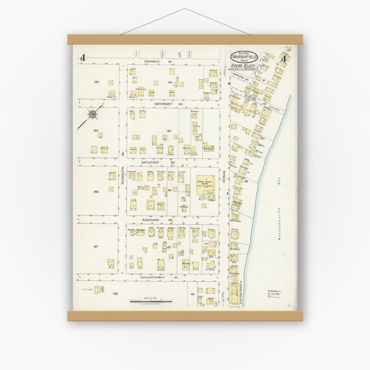Old map wall art mockup — magnetic wood frame on white wall — Sanborn Fire Insurance Map from Marshfield, Plymouth County, Massachusetts (1925), Sheet #0004