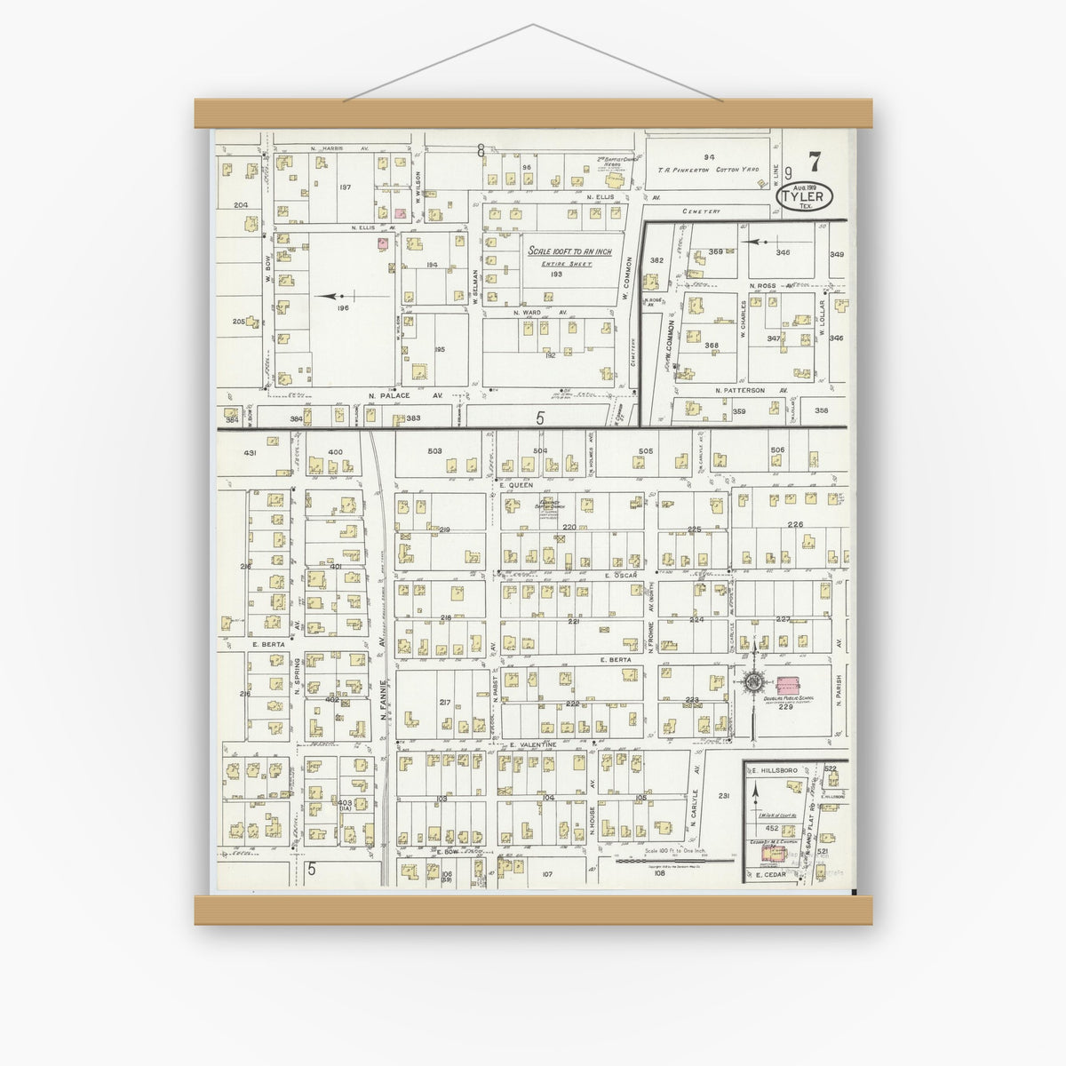 Old map wall art mockup — magnetic wood frame on white wall — Sanborn Fire Insurance Map from Tyler, Smith County, Texas (1919), Sheet #0007