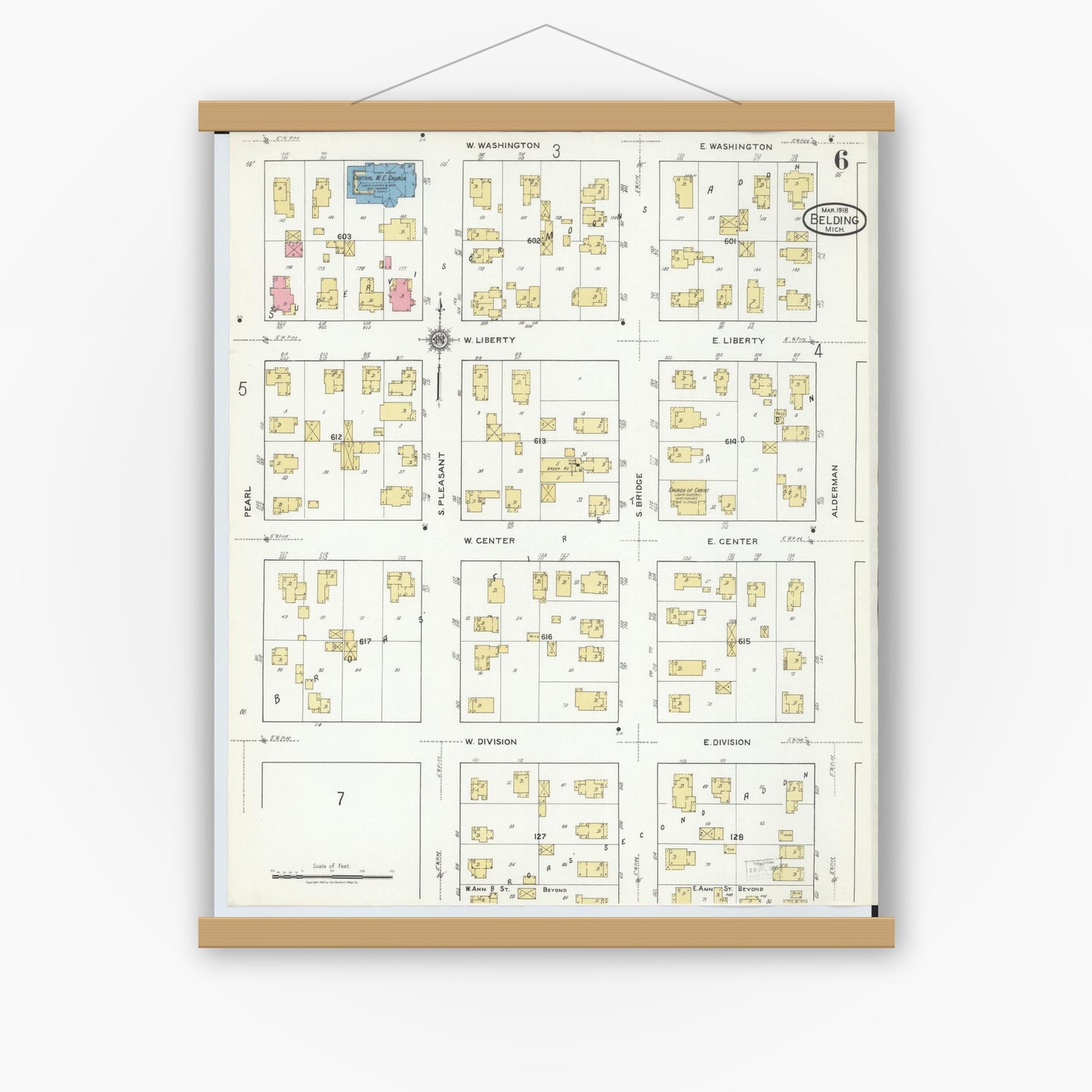 Old map wall art mockup — magnetic wood frame on white wall — Sanborn Fire Insurance Map from Belding, Ionia County, Michigan (1918), Sheet #0006