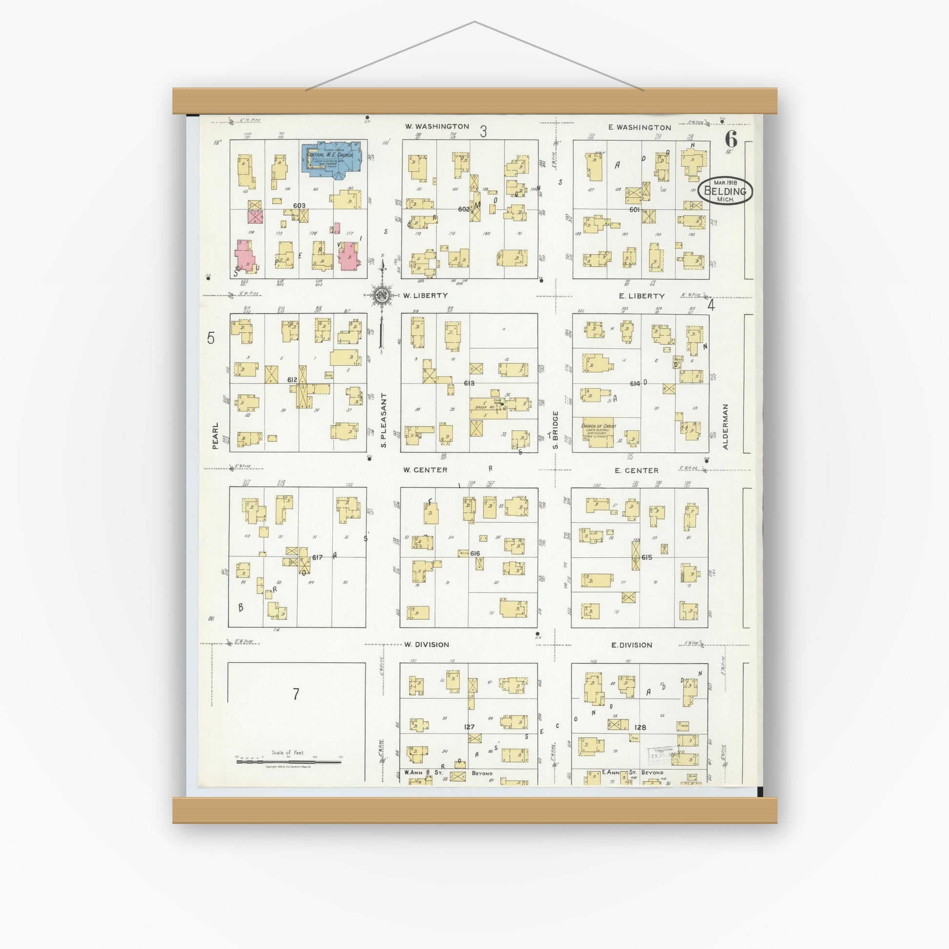 Old map wall art mockup — magnetic wood frame on white wall — Sanborn Fire Insurance Map from Belding, Ionia County, Michigan (1918), Sheet #0006