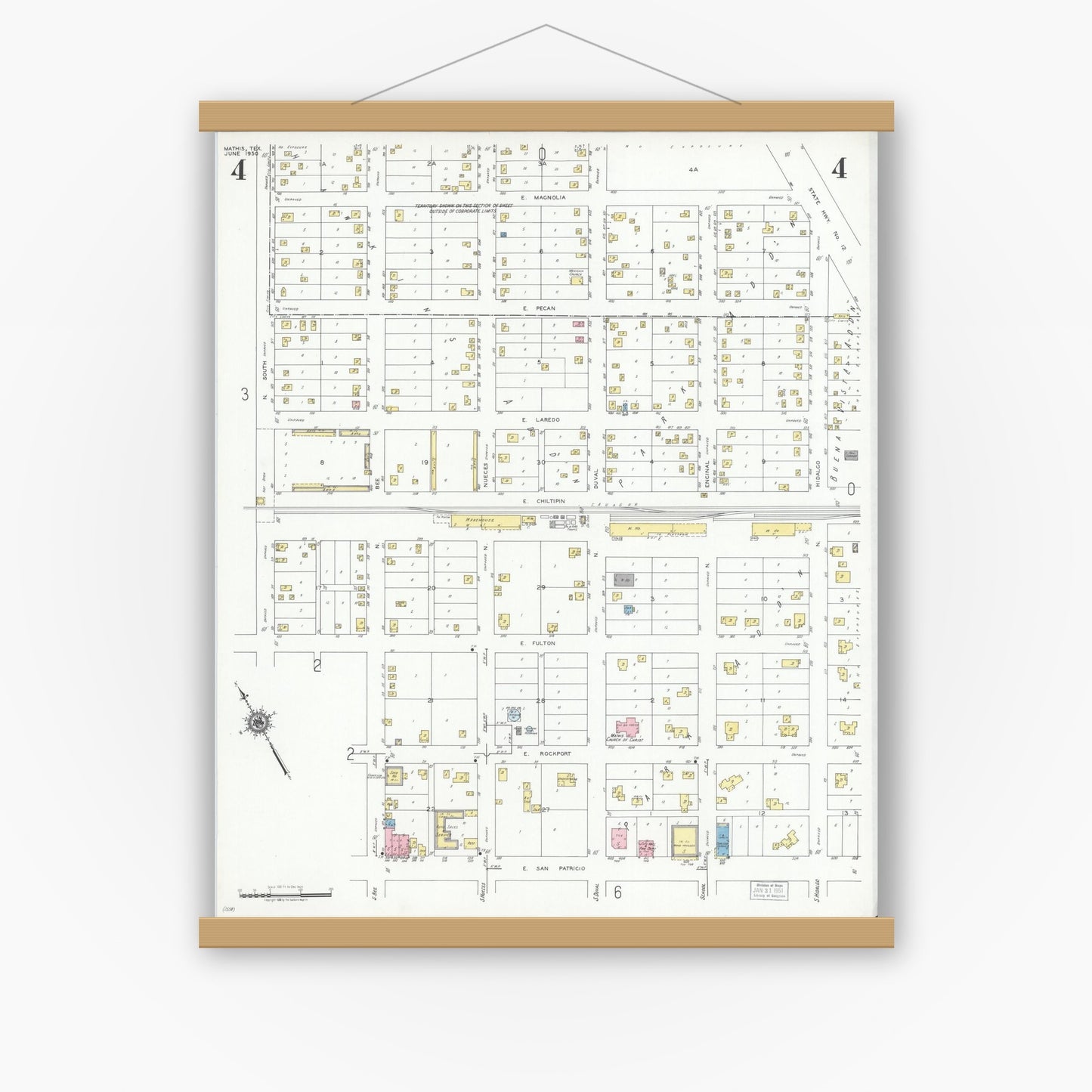 Old map wall art mockup — magnetic wood frame on white wall — Sanborn Fire Insurance Map from Mathis, San Patricio County, Texas (1950), Sheet #0004