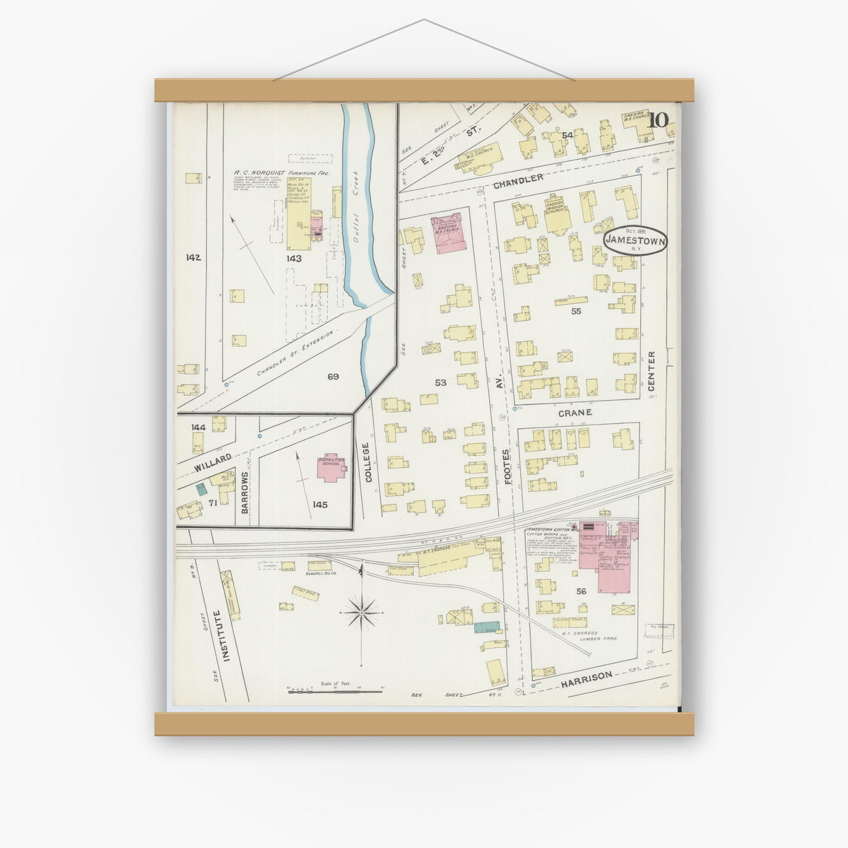 Old map wall art mockup — magnetic wood frame on white wall — Sanborn Fire Insurance Map from Jamestown, Chautauqua County, New York (1891), Sheet #0010