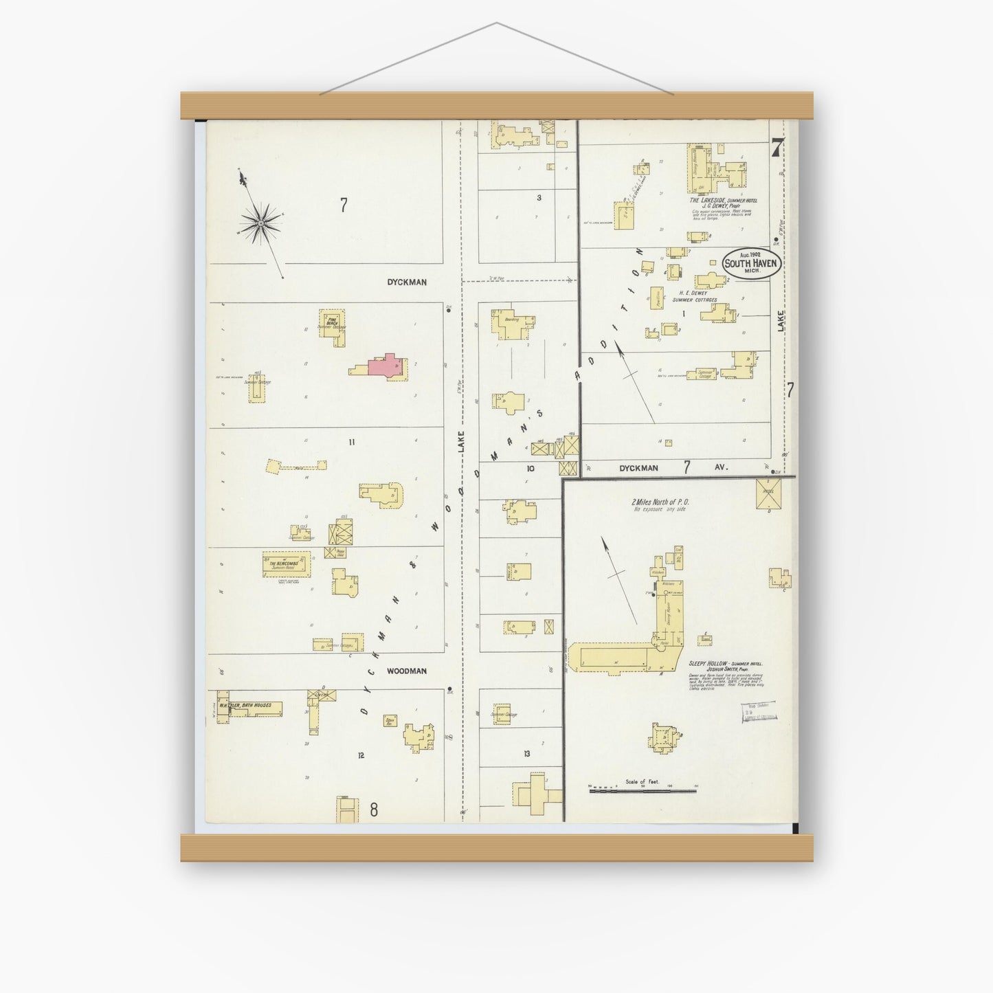 Old map wall art mockup — magnetic wood frame on white wall — Sanborn Fire Insurance Map from South Haven, Van Buren County, Michigan (1902), Sheet #0007