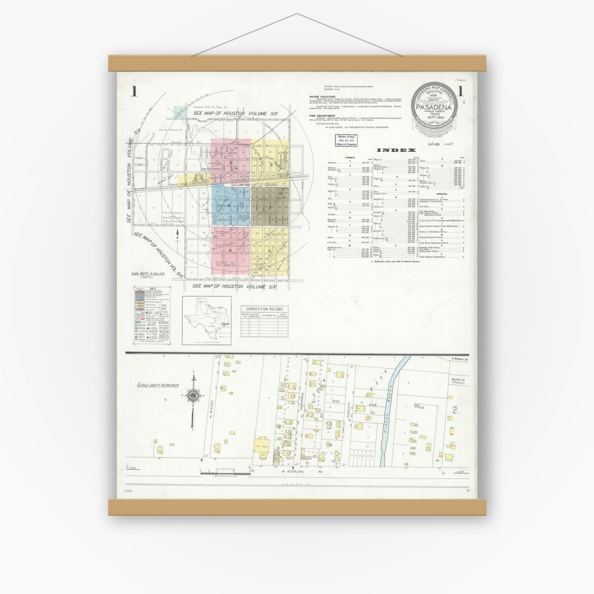 Old map wall art mockup — magnetic wood frame on white wall — Sanborn Fire Insurance Map from Pasadena, Harris County, Texas (1940), Sheet #0001