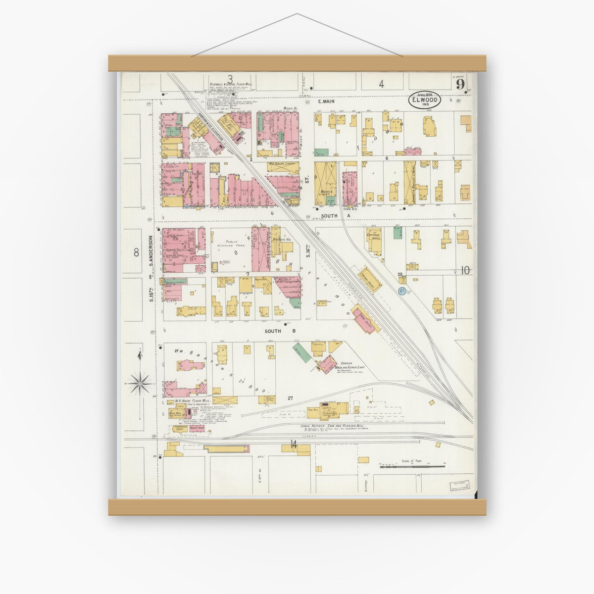 Old map wall art mockup — magnetic wood frame on white wall — Sanborn Fire Insurance Map from Elwood, Madison County, Indiana (1899), Sheet #0009