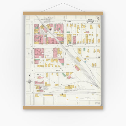 Old map wall art mockup — magnetic wood frame on white wall — Sanborn Fire Insurance Map from Elwood, Madison County, Indiana (1899), Sheet #0009