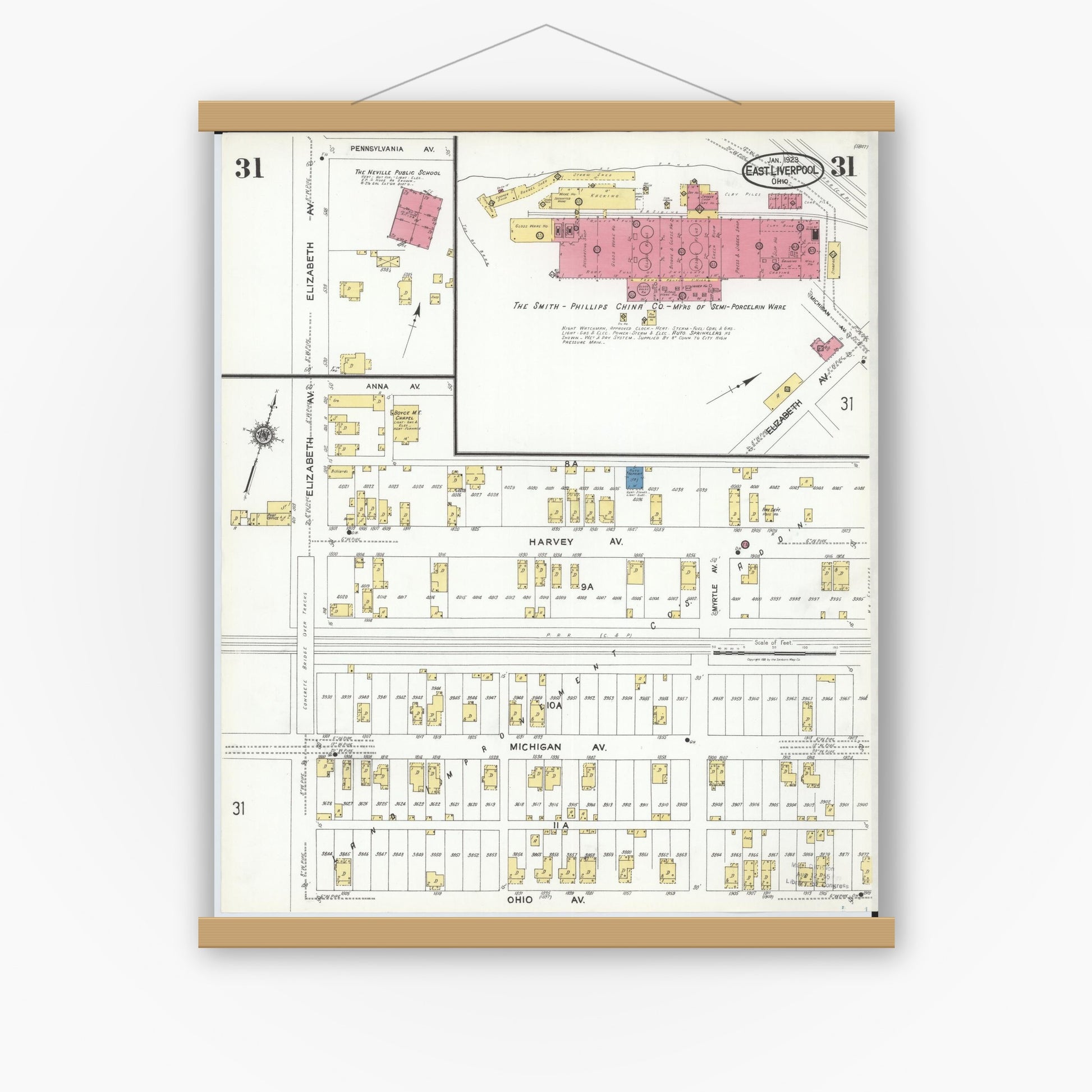 Old map wall art mockup — magnetic wood frame on white wall — Sanborn Fire Insurance Map from East Liverpool, Columbiana County, Ohio (1923), Sheet #0031