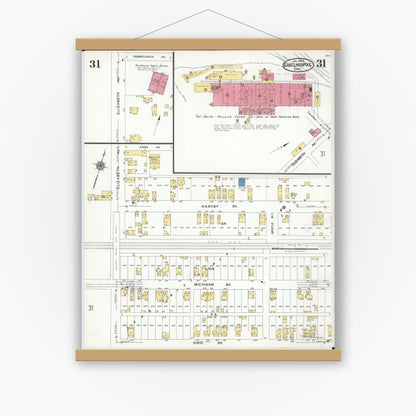 Old map wall art mockup — magnetic wood frame on white wall — Sanborn Fire Insurance Map from East Liverpool, Columbiana County, Ohio (1923), Sheet #0031