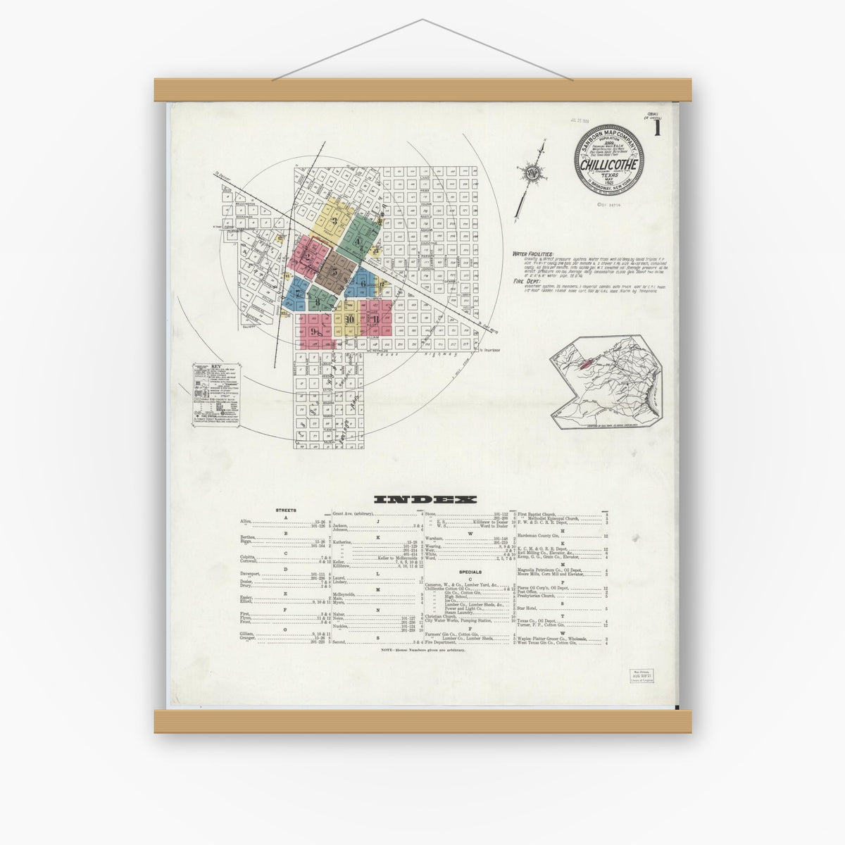 Old map wall art mockup — magnetic wood frame on white wall — Sanborn Fire Insurance Map from Chillicothe, Hardeman County, Texas (1921), Sheet #0001