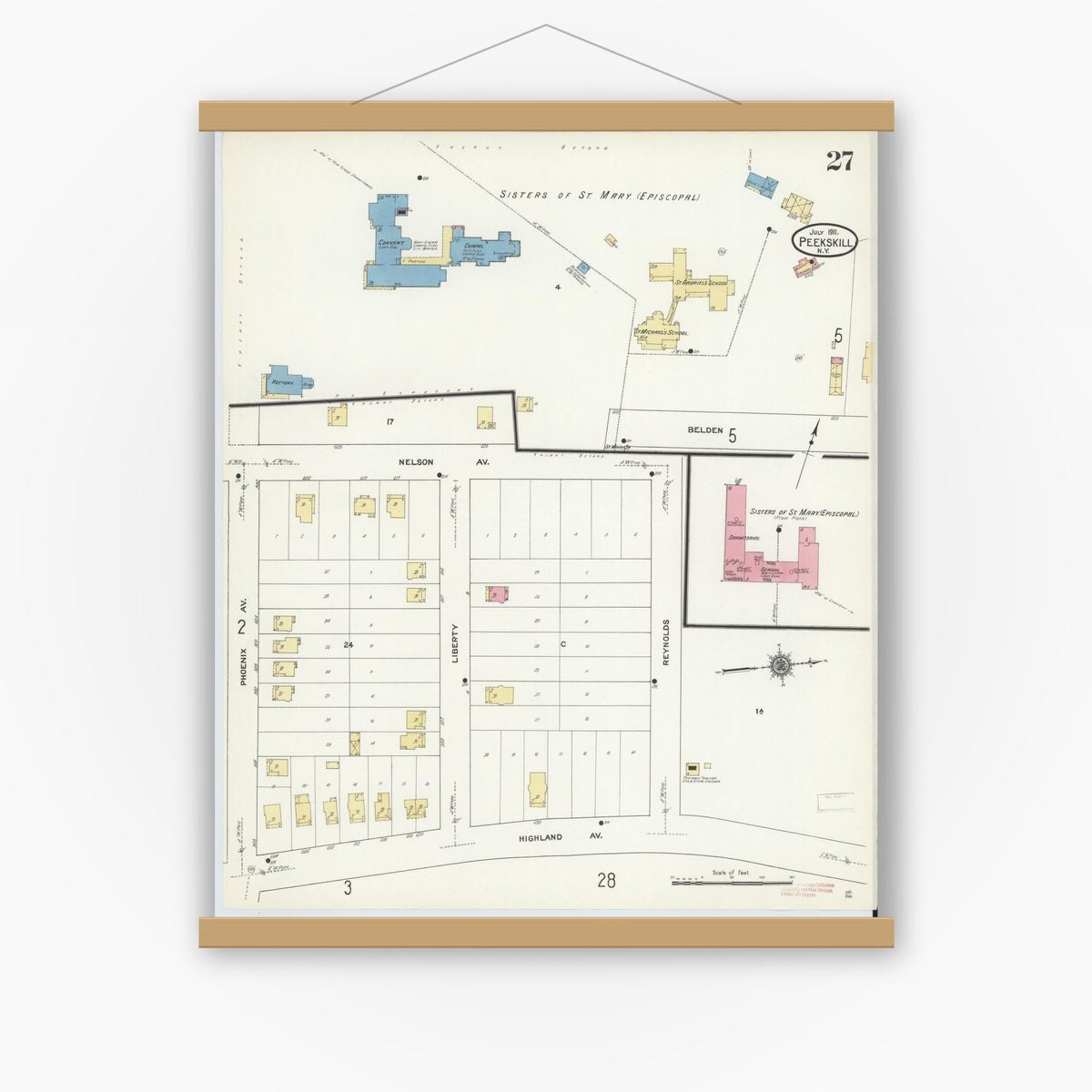 Old map wall art mockup — magnetic wood frame on white wall — Sanborn Fire Insurance Map from Peekskill, Westchester County, New York (1911), Sheet #0027