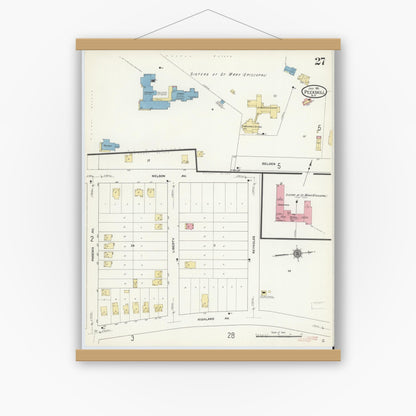 Old map wall art mockup — magnetic wood frame on white wall — Sanborn Fire Insurance Map from Peekskill, Westchester County, New York (1911), Sheet #0027