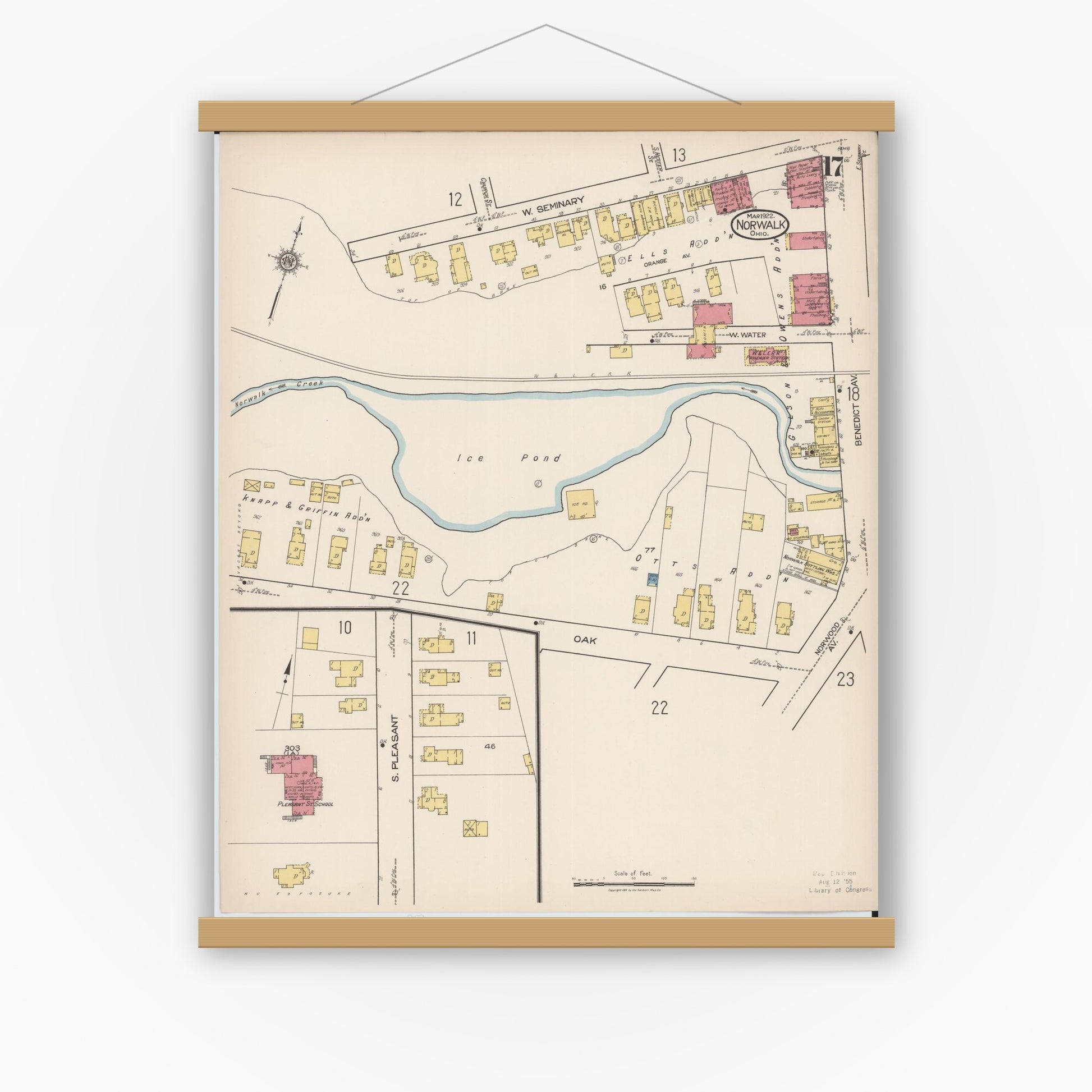 Old map wall art mockup — magnetic wood frame on white wall — Sanborn Fire Insurance Map from Norwalk, Huron County, Ohio (1922), Sheet #0017