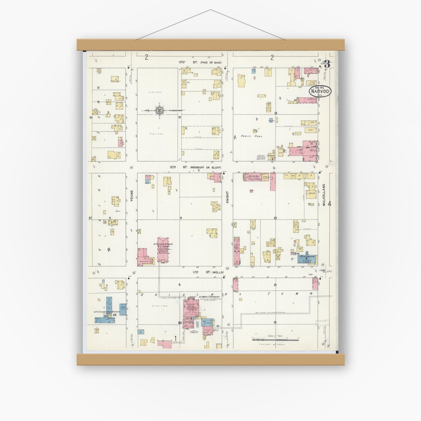 Old map wall art mockup — magnetic wood frame on white wall — Sanborn Fire Insurance Map from Nauvoo, Hancock County, Illinois (1912), Sheet #0003
