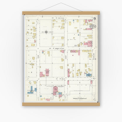 Old map wall art mockup — magnetic wood frame on white wall — Sanborn Fire Insurance Map from Nauvoo, Hancock County, Illinois (1912), Sheet #0003