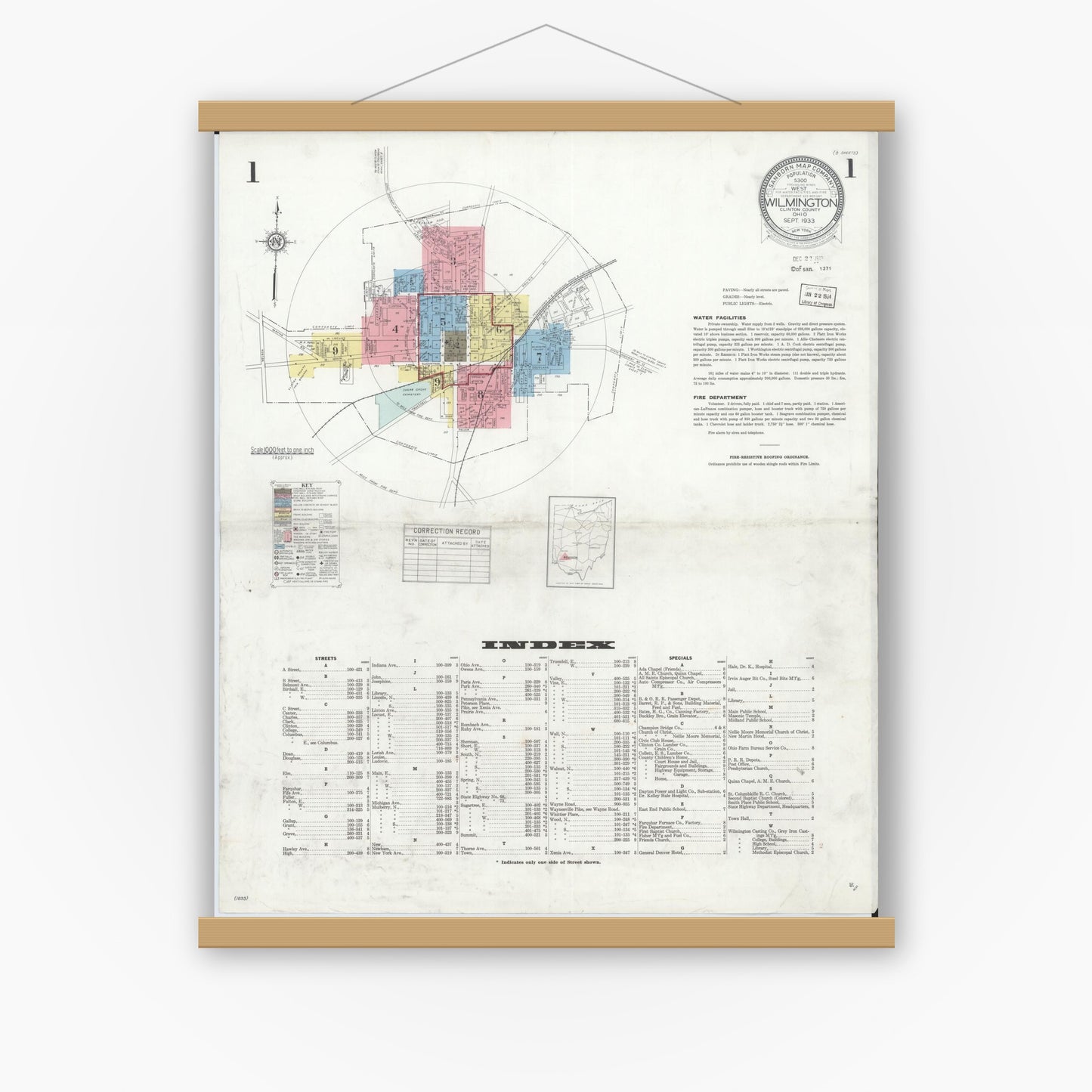 Old map wall art mockup — magnetic wood frame on white wall — Sanborn Fire Insurance Map from Wilmington, Clinton County, Ohio (1933) - Complete Map Set