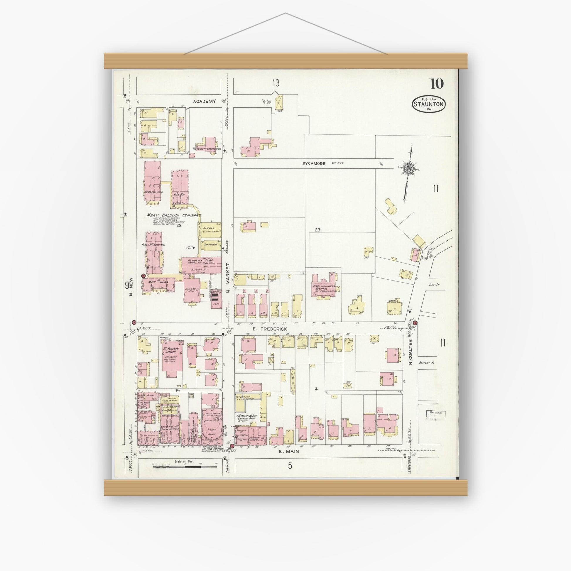 Old map wall art mockup — magnetic wood frame on white wall — Sanborn Fire Insurance Map from Staunton, Independent Cities, Virginia (1914), Sheet #0010