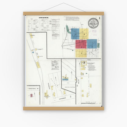 Old map wall art mockup — magnetic wood frame on white wall — Sanborn Fire Insurance Map from Spring Valley, Fillmore County, Minnesota (1909) - Complete Map Set