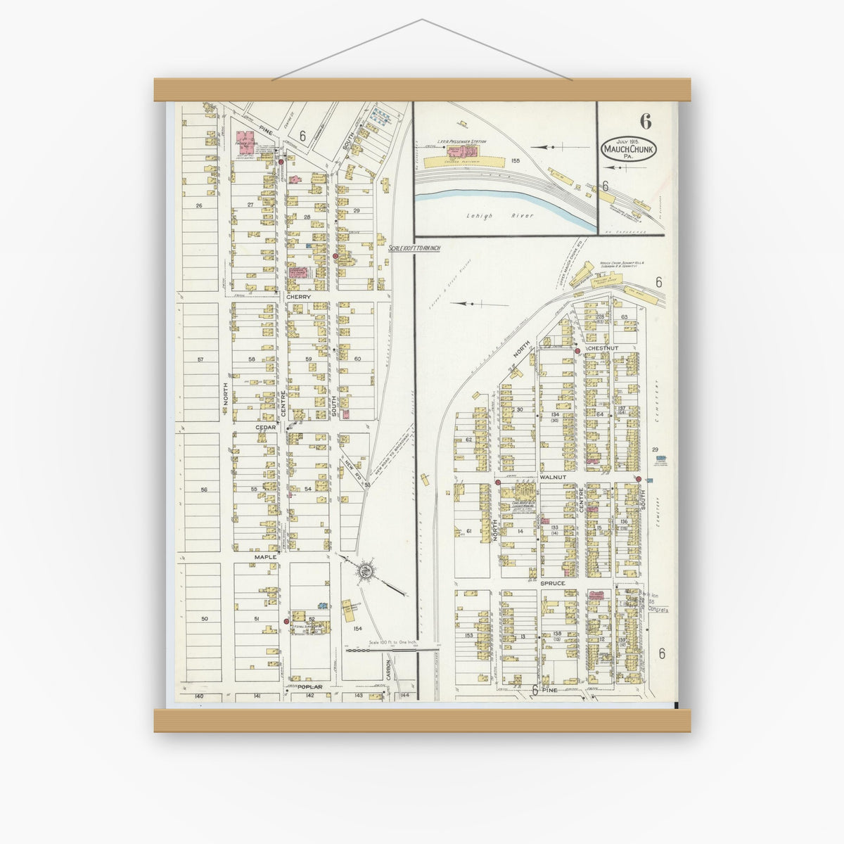 Old map wall art mockup — magnetic wood frame on white wall — Sanborn Fire Insurance Map from Mauch Chunk, Carbon County, Pennsylvania (1915), Sheet #0006