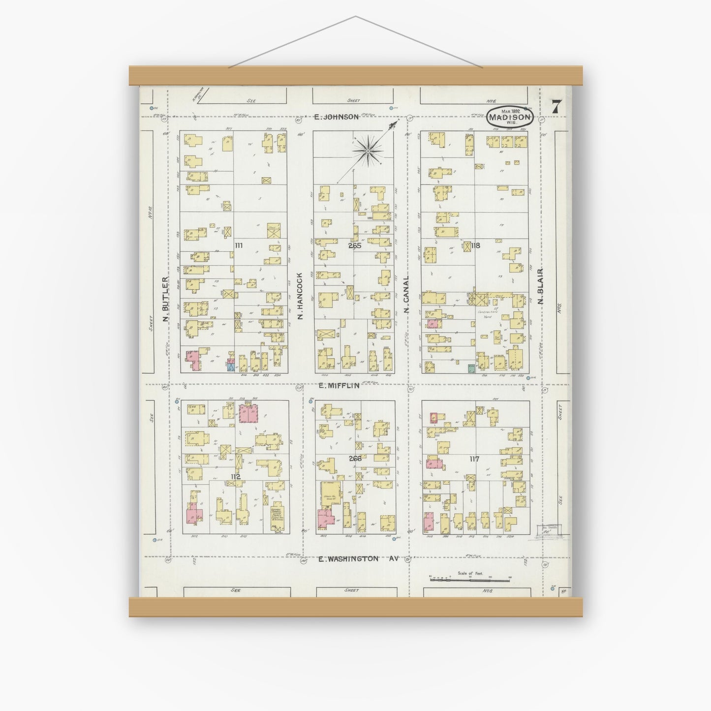 Old map wall art mockup — magnetic wood frame on white wall — Sanborn Fire Insurance Map from Madison, Dane County, Wisconsin (1892), Sheet #0007