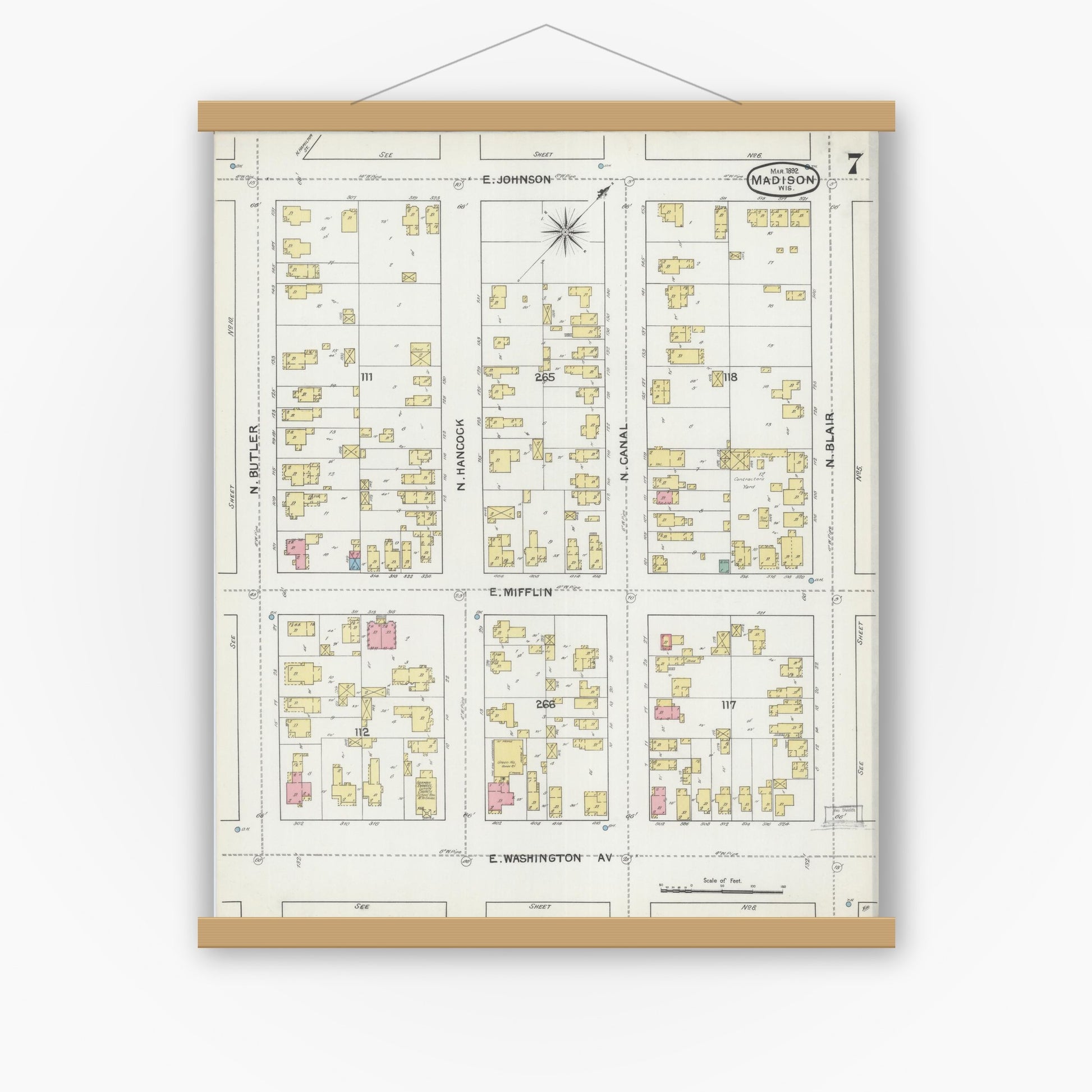 Old map wall art mockup — magnetic wood frame on white wall — Sanborn Fire Insurance Map from Madison, Dane County, Wisconsin (1892), Sheet #0007