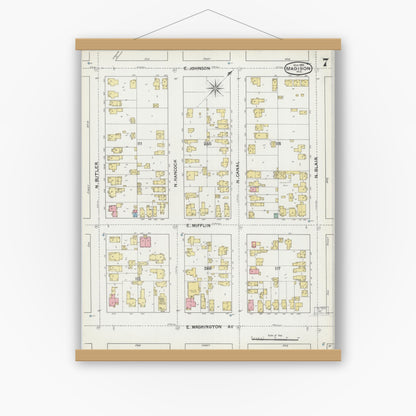 Old map wall art mockup — magnetic wood frame on white wall — Sanborn Fire Insurance Map from Madison, Dane County, Wisconsin (1892), Sheet #0007