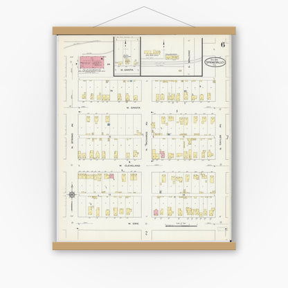 Old map wall art mockup — magnetic wood frame on white wall — Sanborn Fire Insurance Map from Spring Valley, Bureau County, Illinois (1913), Sheet #0006