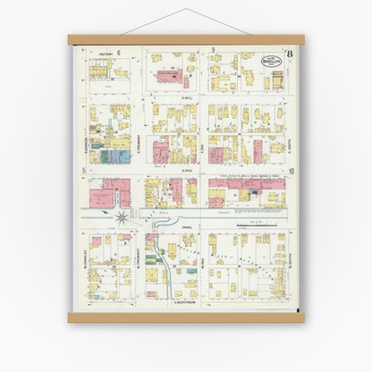 Old map wall art mockup — magnetic wood frame on white wall — Sanborn Fire Insurance Map from Massillon, Stark County, Ohio (1901), Sheet #0008