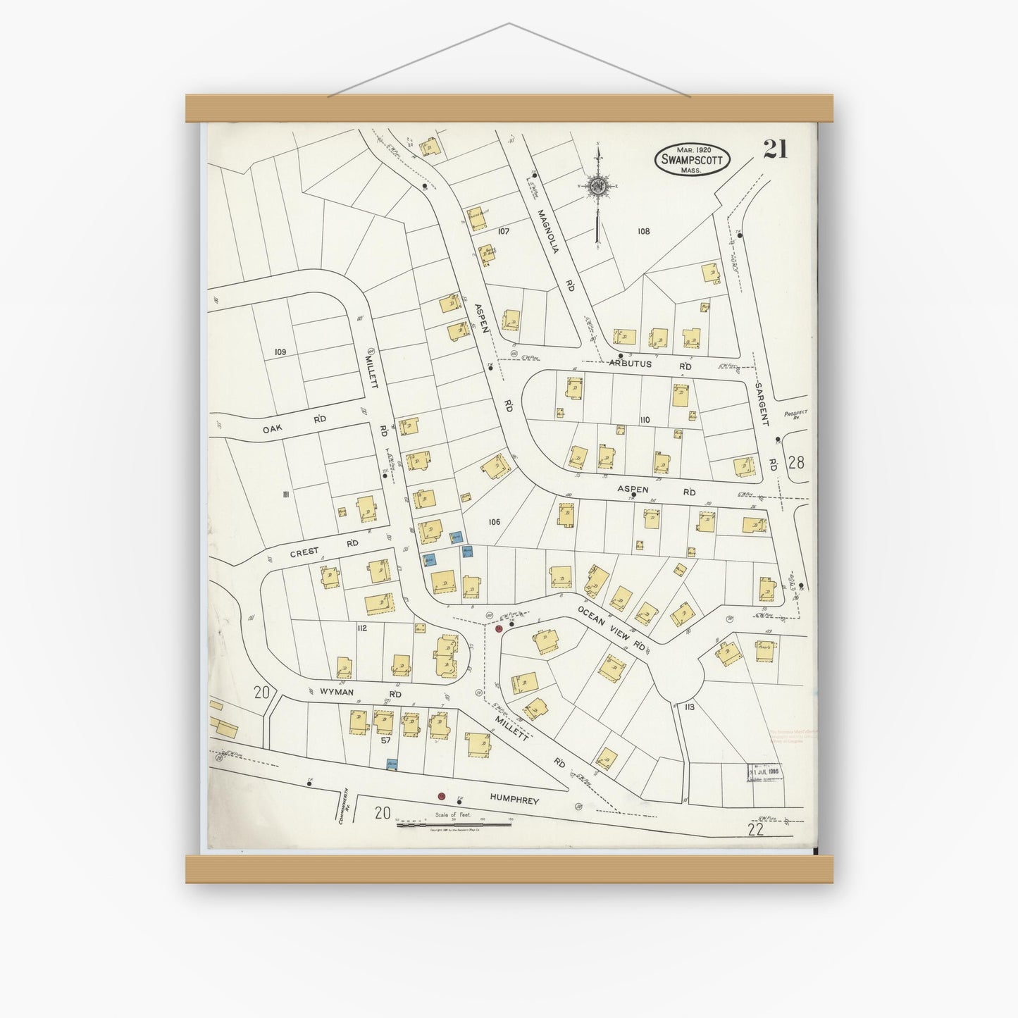 Old map wall art mockup — magnetic wood frame on white wall — Sanborn Fire Insurance Map from Swampscott, Essex County, Massachusetts (1920), Sheet #0021