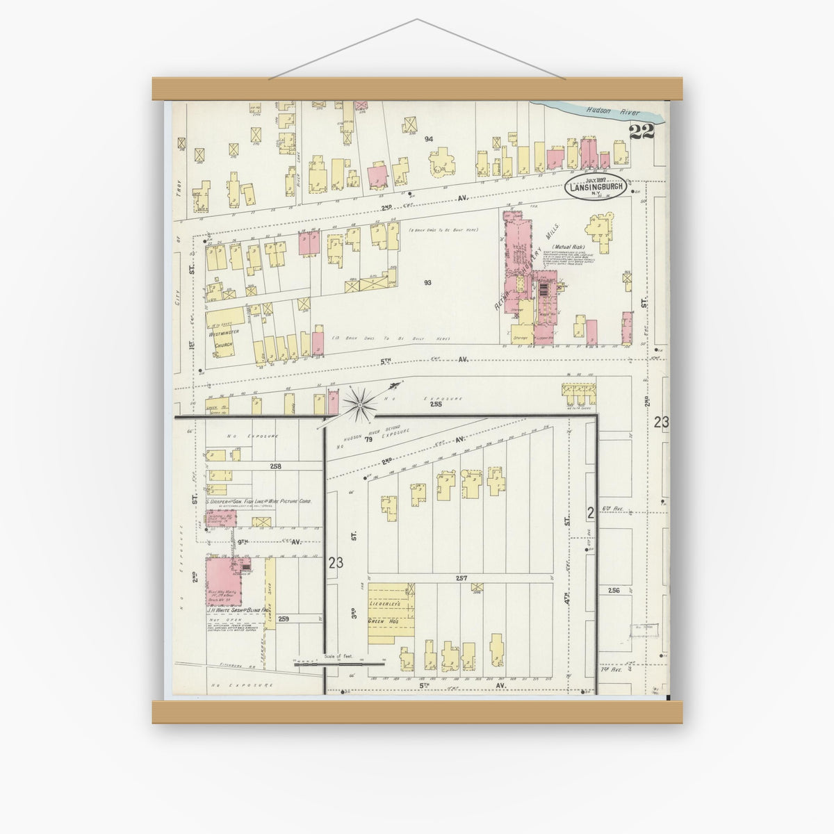 Old map wall art mockup — magnetic wood frame on white wall — Sanborn Fire Insurance Map from Lansingburg, Rensselaer County, New York (1897), Sheet #0022