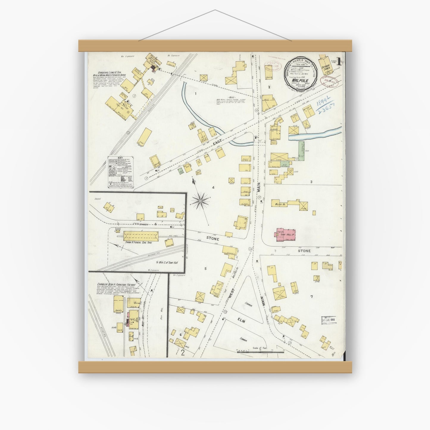 Old map wall art mockup — magnetic wood frame on white wall — Sanborn Fire Insurance Map from Walpole, Norfolk County, Massachusetts (1899) - Complete Map Set